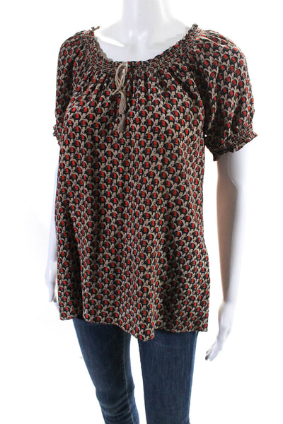 Joie Womens Silk Elephant Print Short Sleeve Pullover Blouse Top Beige Size S