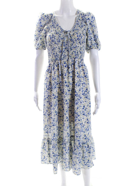 Heartloom Womens Floral Ruched V-Neck Short Sleeve Maxi Dress Blue Size S