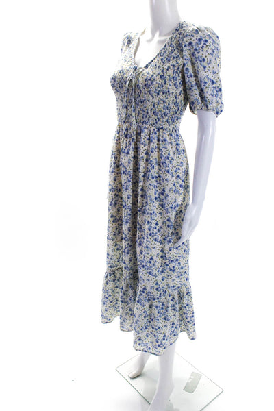 Heartloom Womens Floral Ruched V-Neck Short Sleeve Maxi Dress Blue Size S