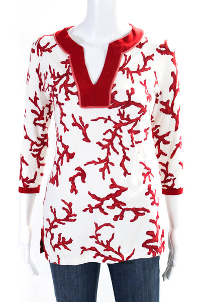 J. Mclaughlin Womens 3/4 Sleeve V Neck Abstract Knit Shirt White Red Size XS