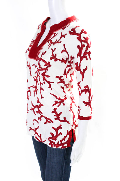 J. Mclaughlin Womens 3/4 Sleeve V Neck Abstract Knit Shirt White Red Size XS