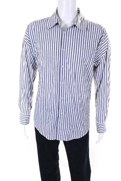 The Lady + The Sailor Mens Cotton Striped Print Button Up Top White Blue Size 3