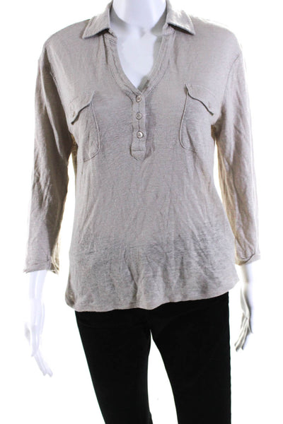 Gerard Darel Womens Linen Jersey Knit Collared 1/2 Button Up Blouse Beige Size 1