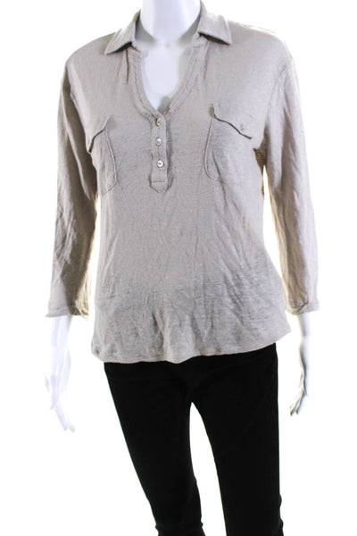 Gerard Darel Womens Linen Jersey Knit Collared 1/2 Button Up Blouse Beige Size 1