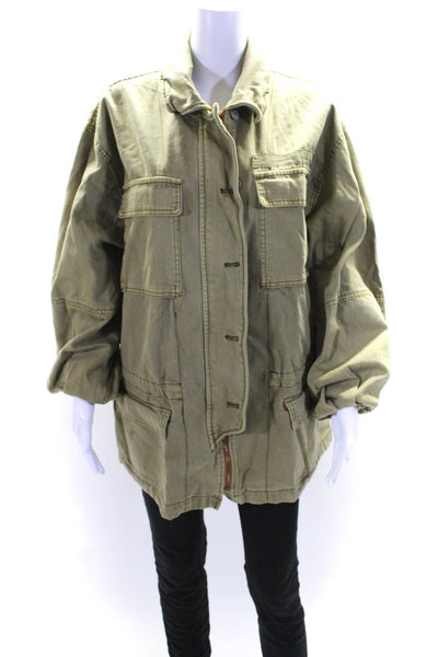 Free People Womens Cotton Collared Long Sleeve Zip Up Cargo Jacket Green Size M