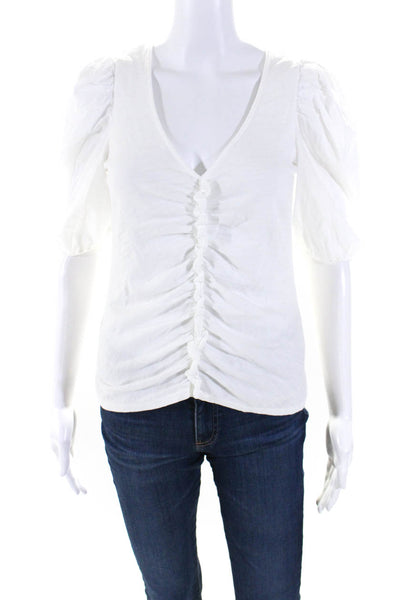 Nation LTD Womens Cotton Ruched Front V-Neck Half Sleeve Blouse White Size XS