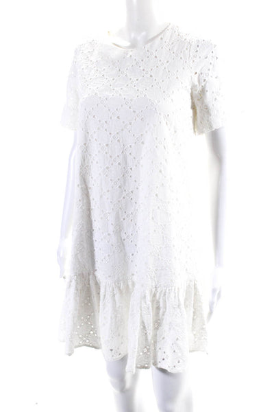 Milly Womens Cotton Embroidered Round Neck Short Sleeve Dress White Size 0