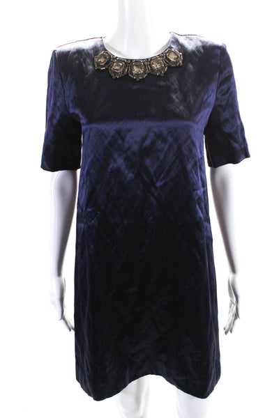 Marni Womens Silk Blend Beaded Round Neck Short Sleeve Dress Navy Size 40