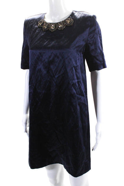 Marni Womens Silk Blend Beaded Round Neck Short Sleeve Dress Navy Size 40