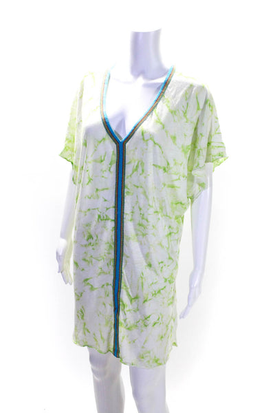 Pitusa Womens Tie Dye Print V Neck Dress Green White Cotton Size One Size