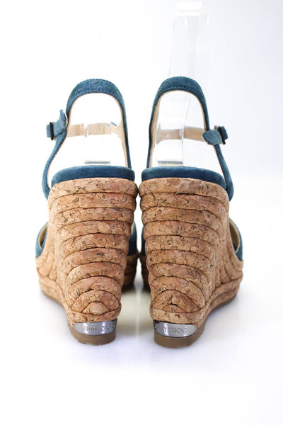 Jimmy Choo Womens Suede Peep Toe Ankle Strap Platform Wedges Blue Size 5.5