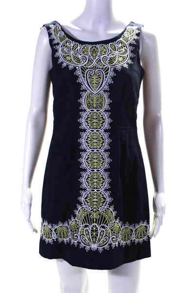 Lilly Pulitzer Womens Embroidered Scoop Neck Zip Up Shift Dress Navy Size 2