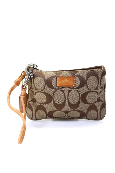 Coach Womens Canvas Monogram Zip Top Small Brown Wristlet Wallet