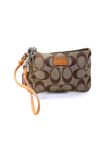 Coach Womens Canvas Monogram Zip Top Small Brown Wristlet Wallet