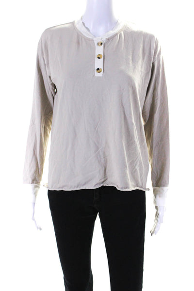 Donni Womens Cotton Long Sleeve Contrast Trim Button Top Top Beige Size XS