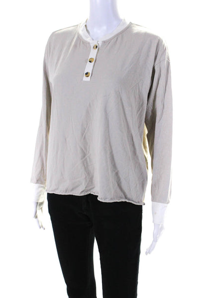 Donni Womens Cotton Long Sleeve Contrast Trim Button Top Top Beige Size XS