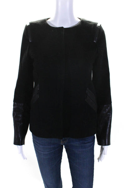 Parker Womens Black Wool Leather Trim Crew Neck Zip Long Sleeve Jacket Size S