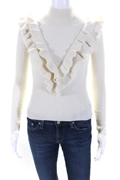 Cinq à Sept Womens White Wool Blend Ruffle Turtleneck Sweater Top Size XS