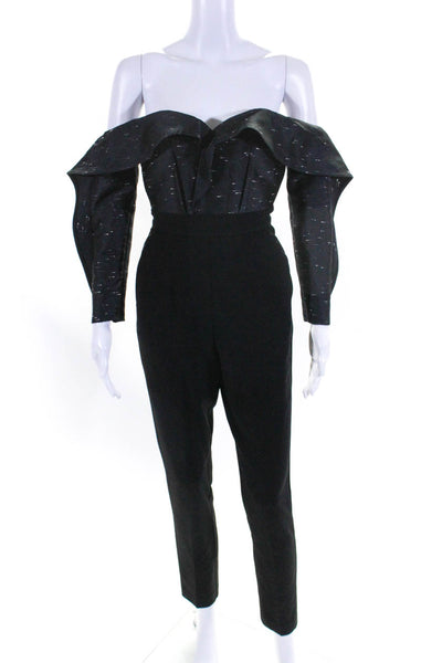 Self Portrait Womens Black Off Shoulder Long Sleeve Skinny Leg Jumpsuit Size 0