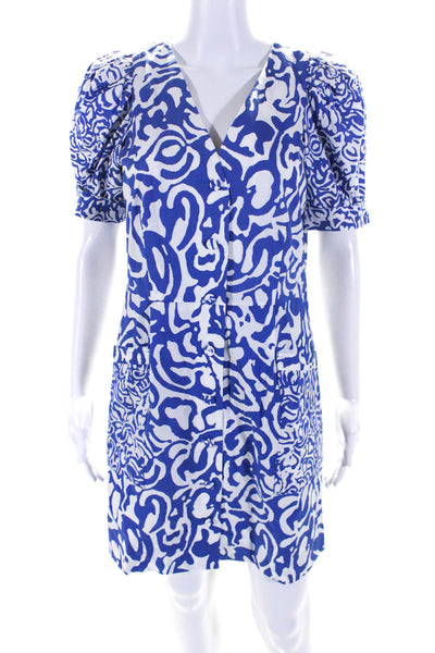 Tanya Taylor Womens Puffy Short Sleeves Button Down Dress Blue White Size 6