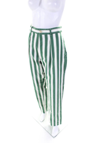 Zara Womens High Waisted Button Fly Striped Wide Leg Pants Green Size 38