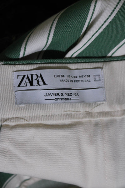 Zara Womens High Waisted Button Fly Striped Wide Leg Pants Green Size 38