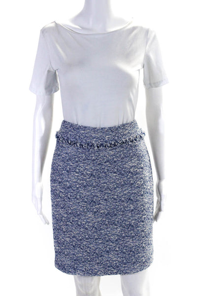 J. Mclaughlin Womens Back Zip Knee Length Fringe Knit Pencil Skirt Blue White 0