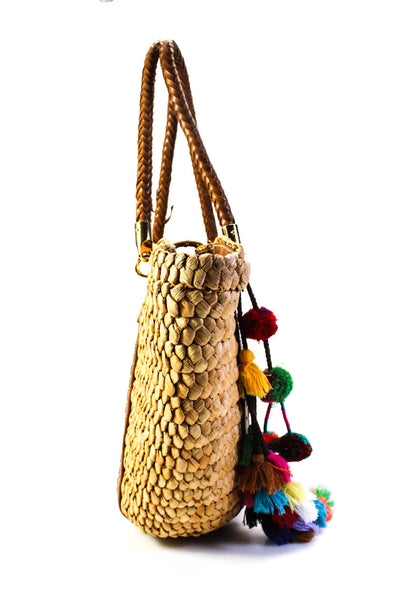 Michael Michael Kors Womens Braided Handle Wicker Tassel Tote Handbag Beige