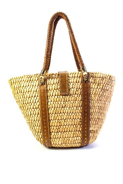 Michael Michael Kors Womens Braided Handle Wicker Tassel Tote Handbag Beige