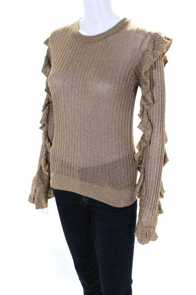 Joie Womens Metallic Ruffle Trim Long Sleeve Pullover Blouse Top Gold Size S