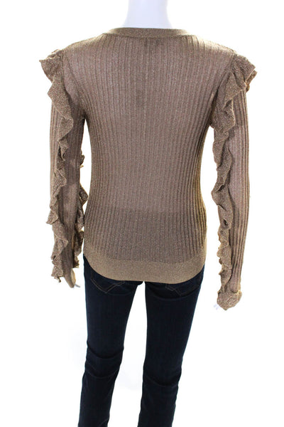 Joie Womens Metallic Ruffle Trim Long Sleeve Pullover Blouse Top Gold Size S