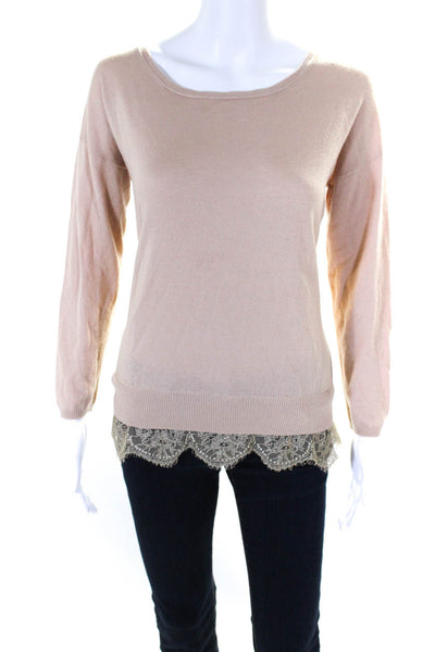 Joie Womens Lace Trim Round Neck Long Sleeve Pullover Knit Top Beige Size S