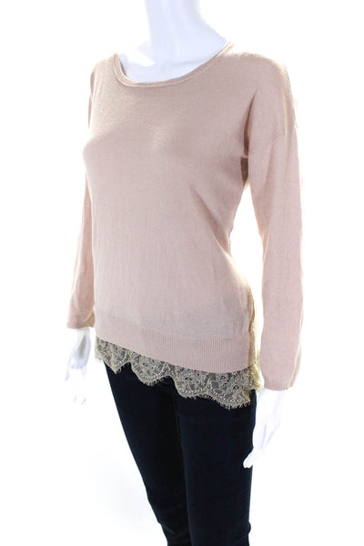 Joie Womens Lace Trim Round Neck Long Sleeve Pullover Knit Top Beige Size S