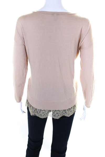 Joie Womens Lace Trim Round Neck Long Sleeve Pullover Knit Top Beige Size S