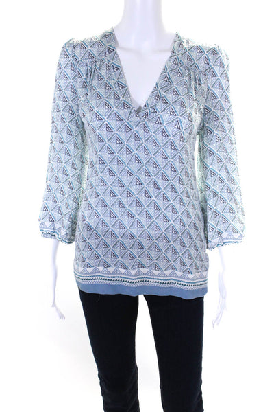 Joie Womens Silk Geometric Print Round Neck Long Sleeve Blouse Top Blue Size XS