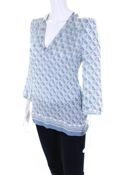 Joie Womens Silk Geometric Print Round Neck Long Sleeve Blouse Top Blue Size XS