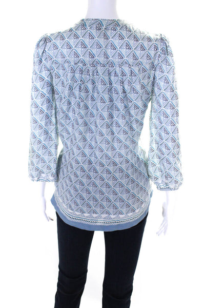 Joie Womens Silk Geometric Print Round Neck Long Sleeve Blouse Top Blue Size XS