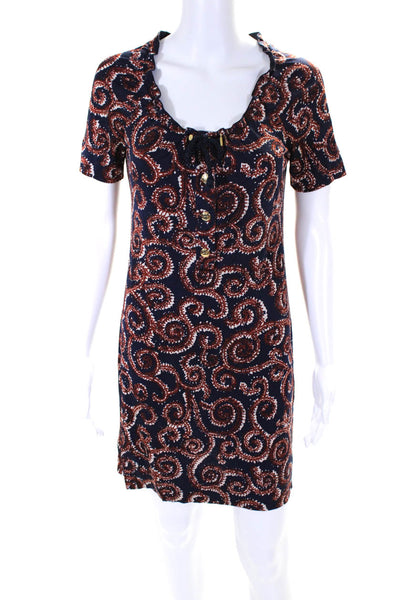 Tory Burch Womens Silk Abstract Round Neck Short Sleeve Mini Dress Navy Size XS