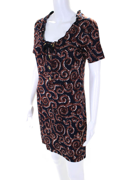 Tory Burch Womens Silk Abstract Round Neck Short Sleeve Mini Dress Navy Size XS