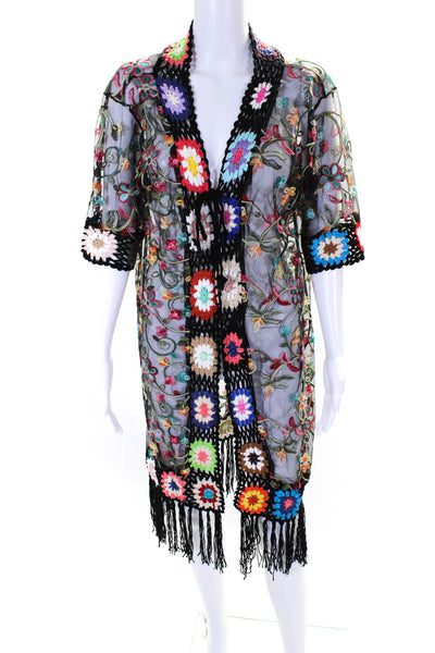 Negs Womens Embroidered Floral Open Front Longline Kimono Multicolor Size M