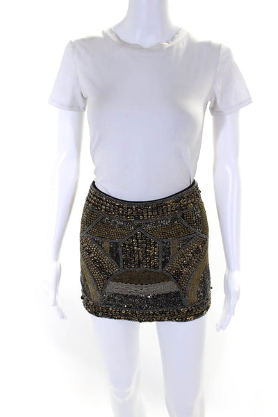 Hale Bob Womens Lined Beaded Studded Zip Up Mini Skirt Gold Size M