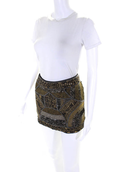 Hale Bob Womens Lined Beaded Studded Zip Up Mini Skirt Gold Size M