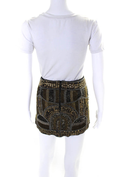 Hale Bob Womens Lined Beaded Studded Zip Up Mini Skirt Gold Size M