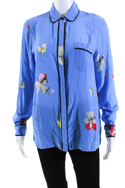 Ganni Womens Silk Floral Print Button Collar Long Sleeve Blouse Blue Size EUR36