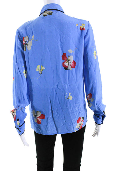 Ganni Womens Silk Floral Print Button Collar Long Sleeve Blouse Blue Size EUR36