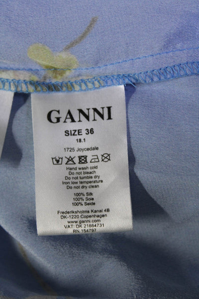 Ganni Womens Silk Floral Print Button Collar Long Sleeve Blouse Blue Size EUR36