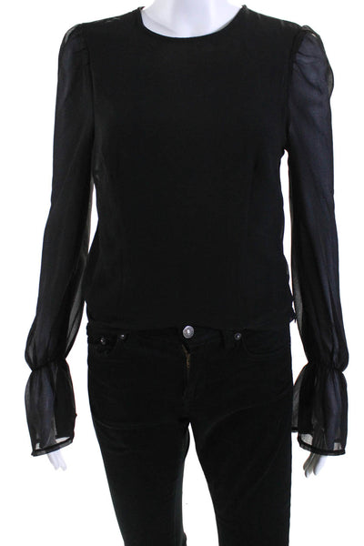 About Us Womens Round Neck Buttoned Flounce Long Sleeve Blouse Black Size S