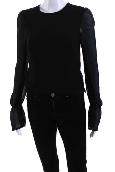 About Us Womens Round Neck Buttoned Flounce Long Sleeve Blouse Black Size S