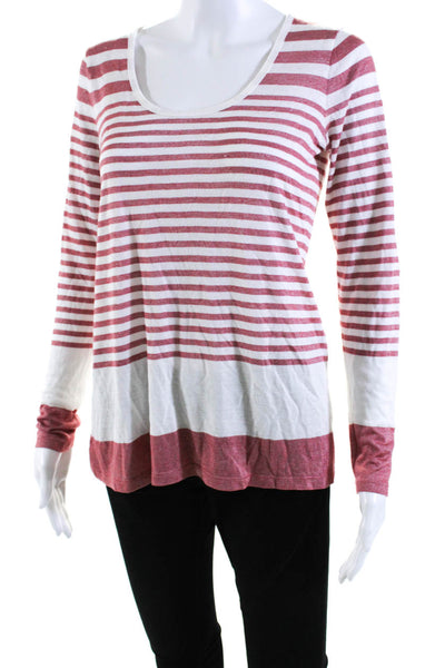 Vince Womens Striped Print Long Sleeve Round Neck Shirt Top Red White Size S