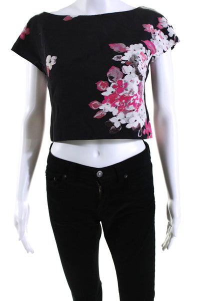 Milly Womens Textured Floral Print Boat Neck Short Sleeve Crop Top Black Size 4